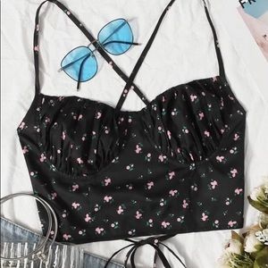 Black floral tie back tank.